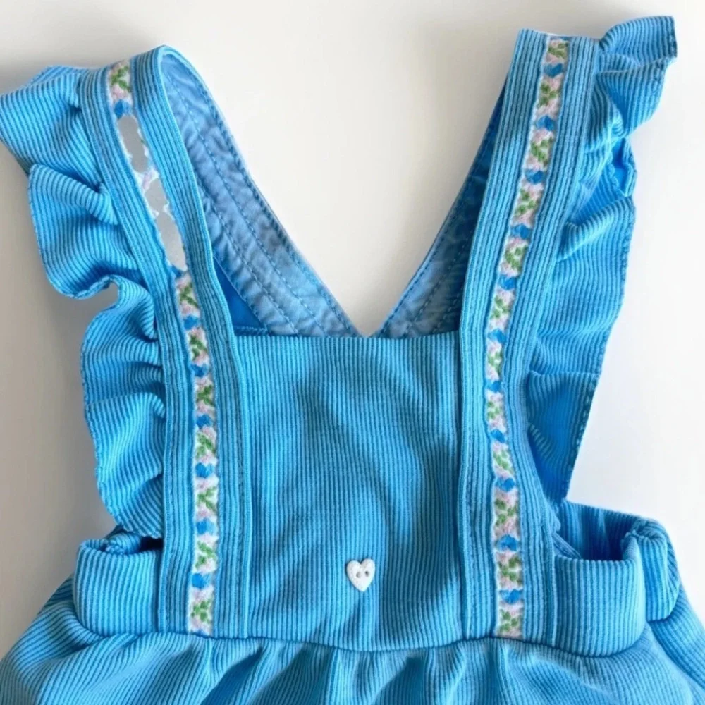 Vintage 70s K Mart Togs Blue Ruffle Floral Corduroy Overall Dress Size 4T *Flaws